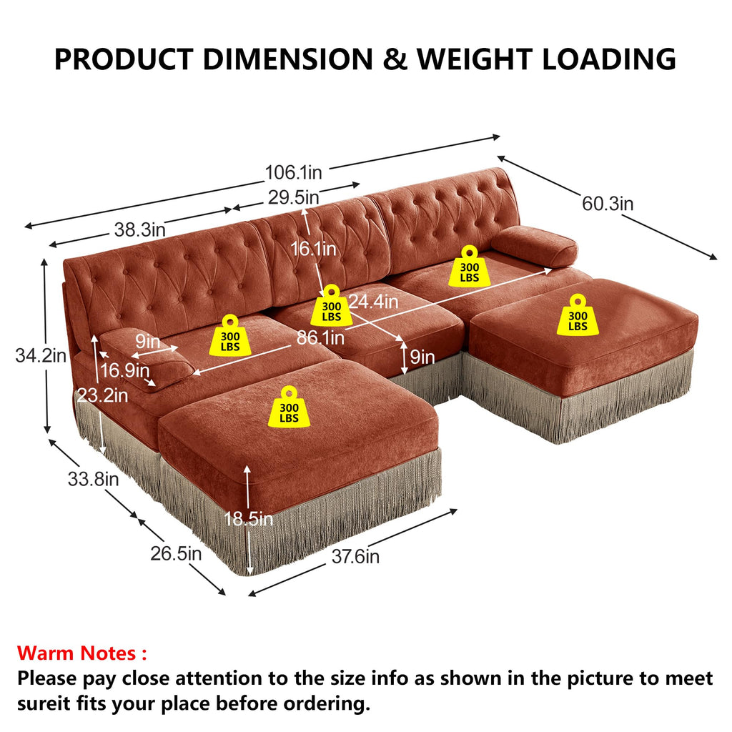 Luxury 106.1" U-Shaped Sofas with Tassel, Modular Sectional Velvet Terracotta 3 Seater Sofa Couch with