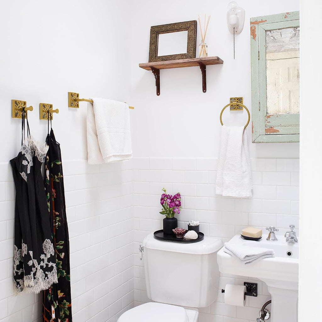 5-Piece Bathroom Hardware Set - Antique Gold (Muted, Brushed Finish - Not Shiny), Wall Mounted Towel Bar, Towel Ring