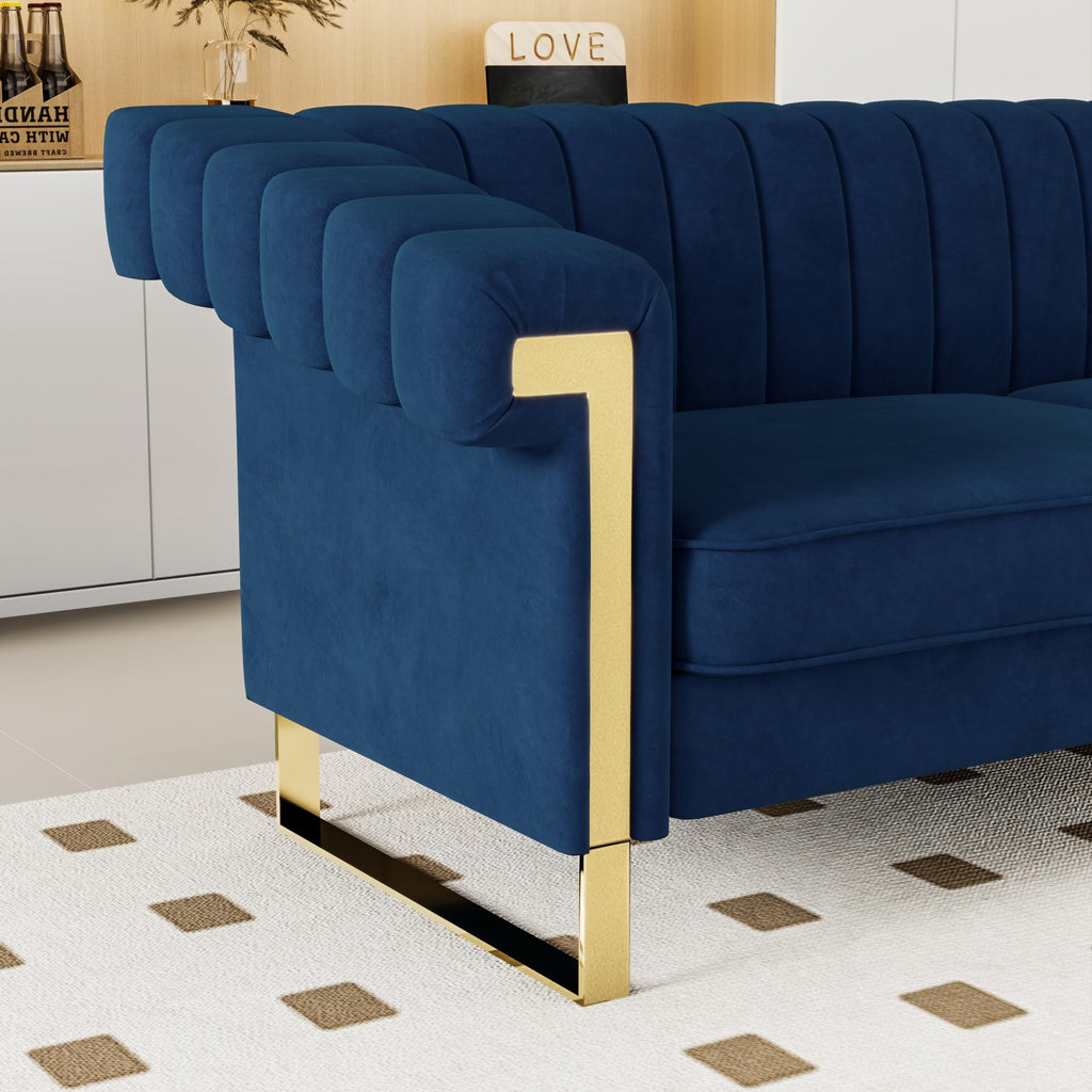 2 Piece Couch Set, Blue Couches, Chesterfield Sofa Set with Gold Metal Legs, Tufted Couches (Blue, 83.86")