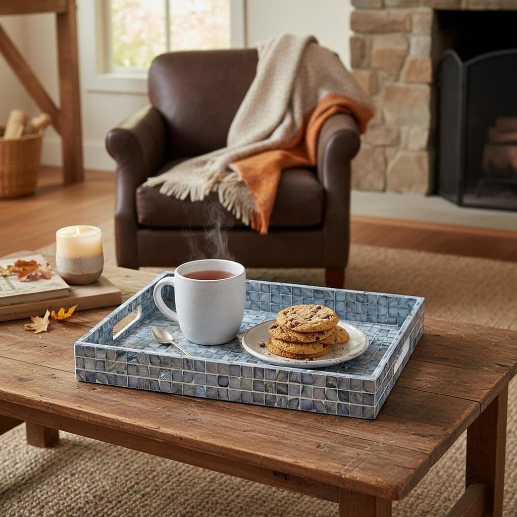 Rectangular Mother of Pearl Serving Tray Nacre Wood Lap Ottoman Tray for Coffee Table, Luxury Decorative Eating