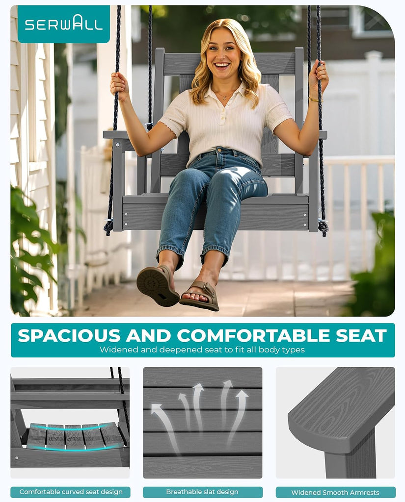 HDPE Single Porch Swing Set of 2, Heavy Duty Single Person Swing Chair with 2 Polypropylene Hanging Ropes, Adirondack