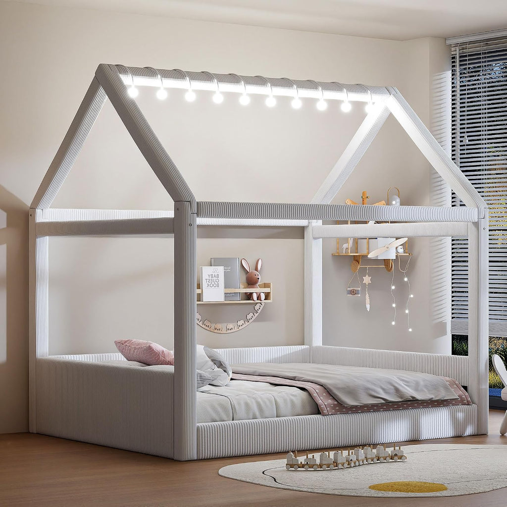 & Bright Designs Full Size Upholstered House Bed for Kids, Montessori Floor Bed with LED Light Strips, House Floor