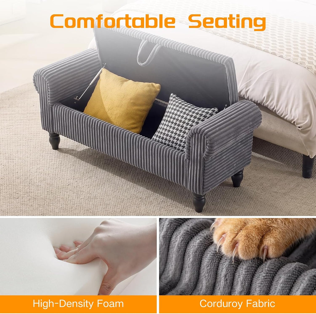 55" Corduroy Bench End of Bed, End of Bed Bench with Storage, Bed Benches with Rolled Arms, Upholstered Storage Bench