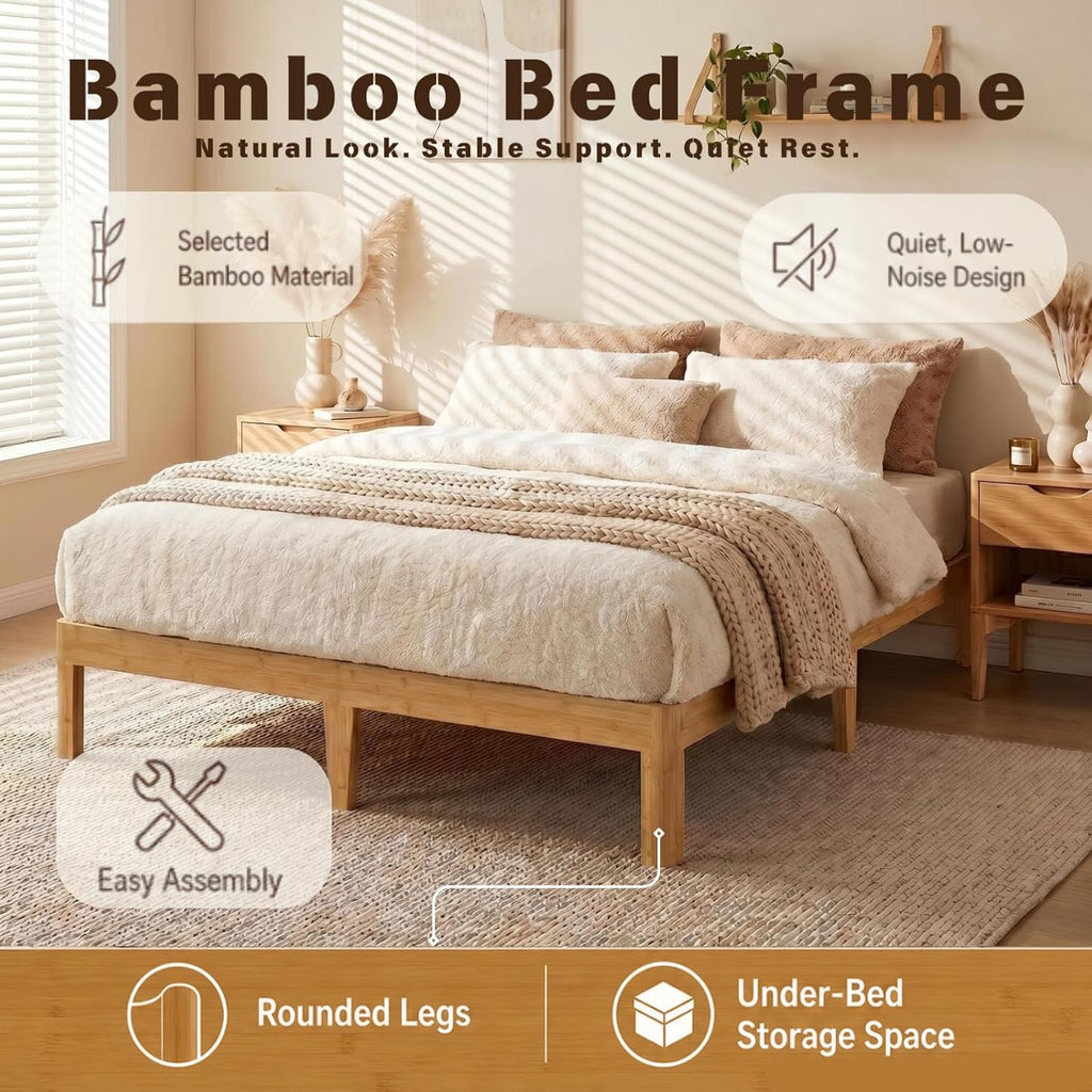 12 inch Bamboo Solid Wood Queen Bed Frame Apartment
