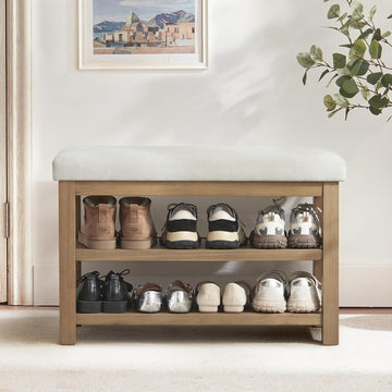 2 Tier Shoe Rack Bench with Cushion, Solid Wood Shoe Benches, Mid-Century Modern Shoe Storage Bench , Closet, Front