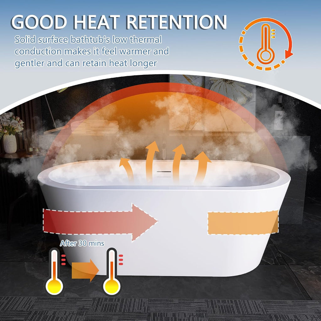 64" Free Standing Tub, Pure Acrylic Freestanding Bathtub, Stylish Stand Alone Contemporary Deep Soaking Bath Tub
