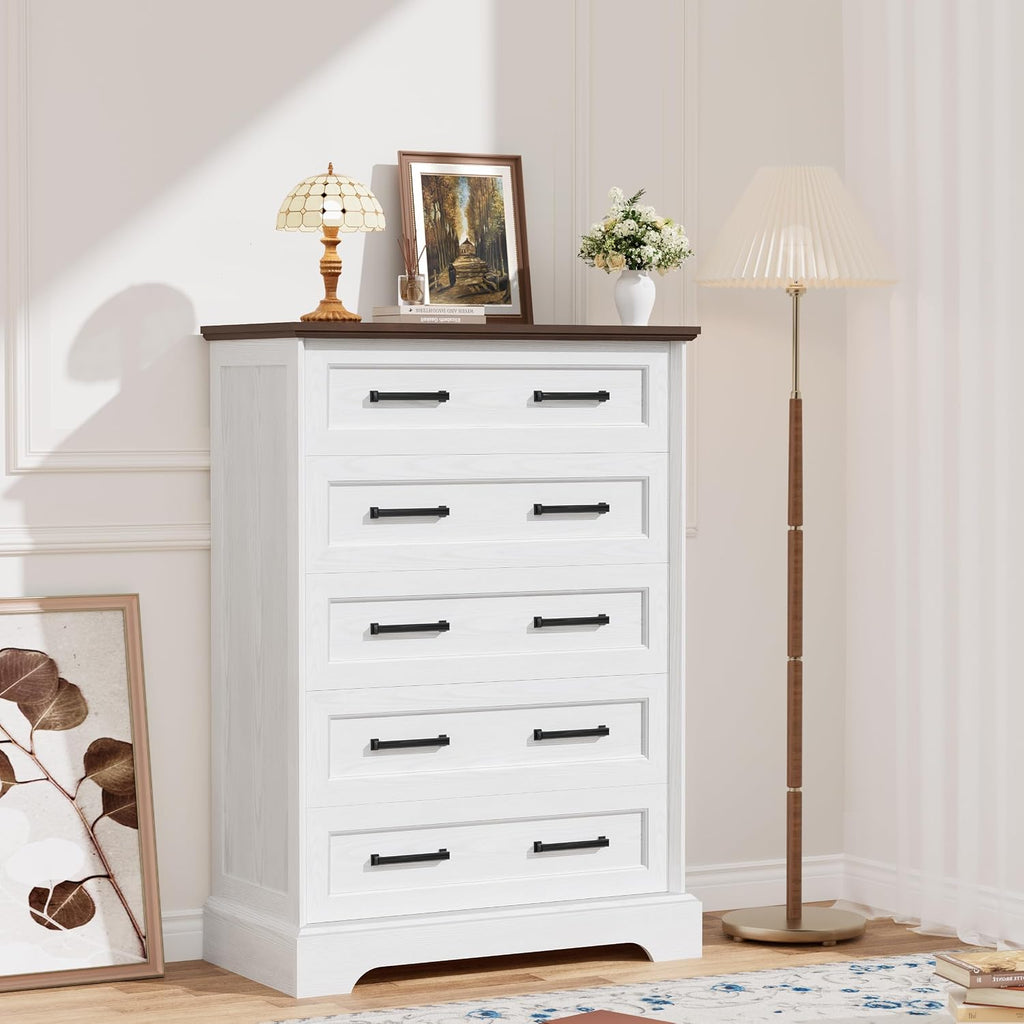 Tall Dresser ,Farmhouse 5 Drawers Dresser, Chest of Drawer Chest, Multi-Tier Clothing Storage Cabinet, White and Brown