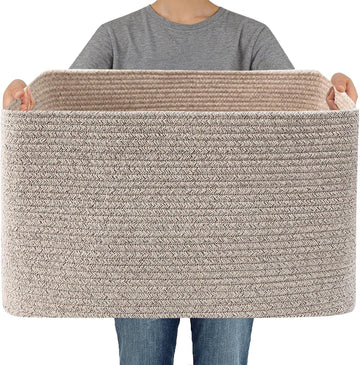 65L Large Woven Cotton Rope Blanket Basket, Oatmeal | Blanket Storage Use, Freestanding with Reinforced Handles
