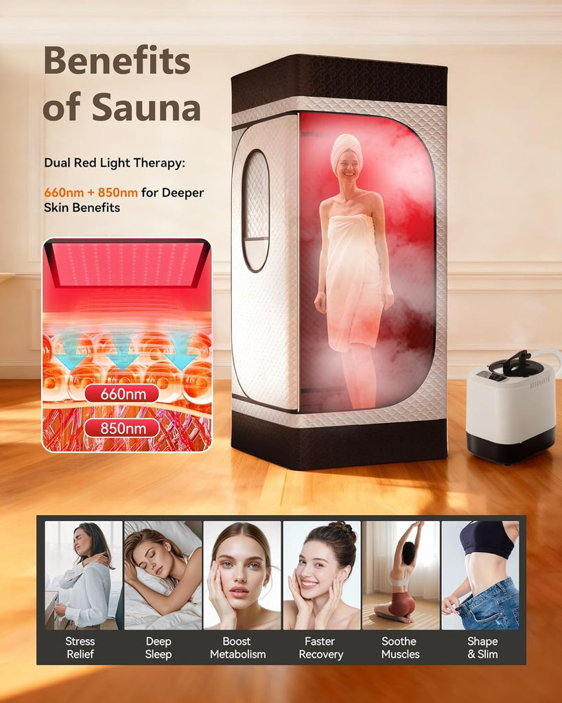 Portable Infrared Sauna Box for Home with 3L 1200W Steamer, Big Folding Chair, 99 Mins Timer, 9 Levels