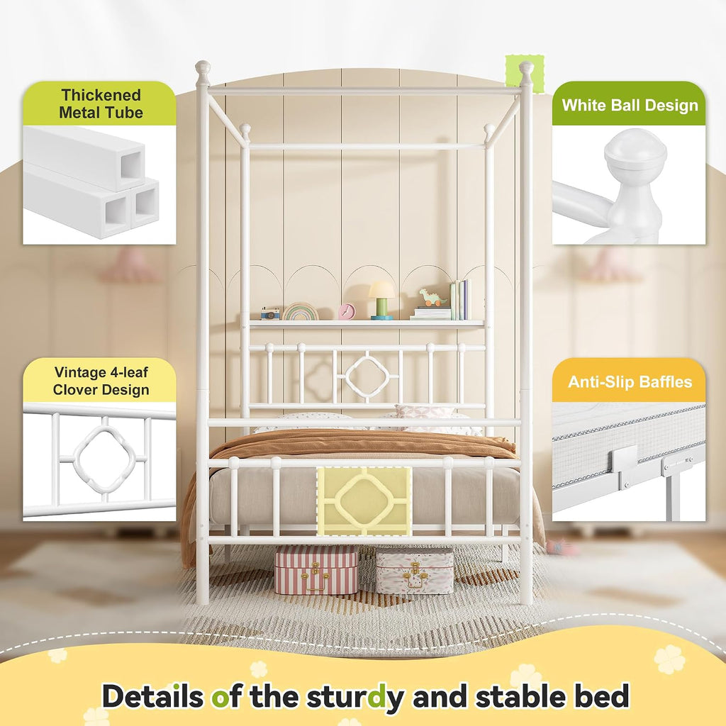 Twin Canopy Bed Frame with Storage Headboard,Noise-Free,White | 4 removable posts for dual-purpose style,Sturdy metal