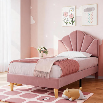 Twin Bed Frame, Velvet Upholstered Platform Bed Frame with Height Adjustable Headboard for Boys & Girls, Wood Slat