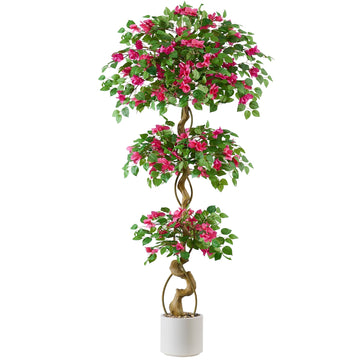 6FT Artificial Bougainvillea Tree, Faux Silk Plant in White Pot