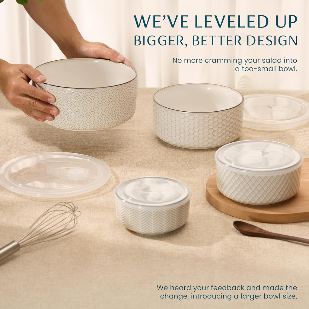 Serving Bowls, with Lids, Ceramic Nesting Bowls, Set of 4, Embossed, Kitchen, Prep, Stackable, Gift, Microwave and