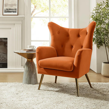 Velvet Tufted Accent Chair, Modern Wingback Arm Chair, Orange | Metal Gold Legs, Wood Frame, Velvet Tufted