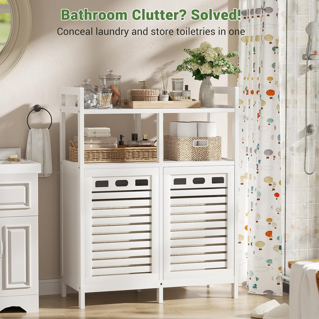 Tilt Out Laundry Hamper Cabinet, Bamboo Double Laundry Hamper with 2 Removable Laundry Baskets, 20 Gal Laundry Sorter