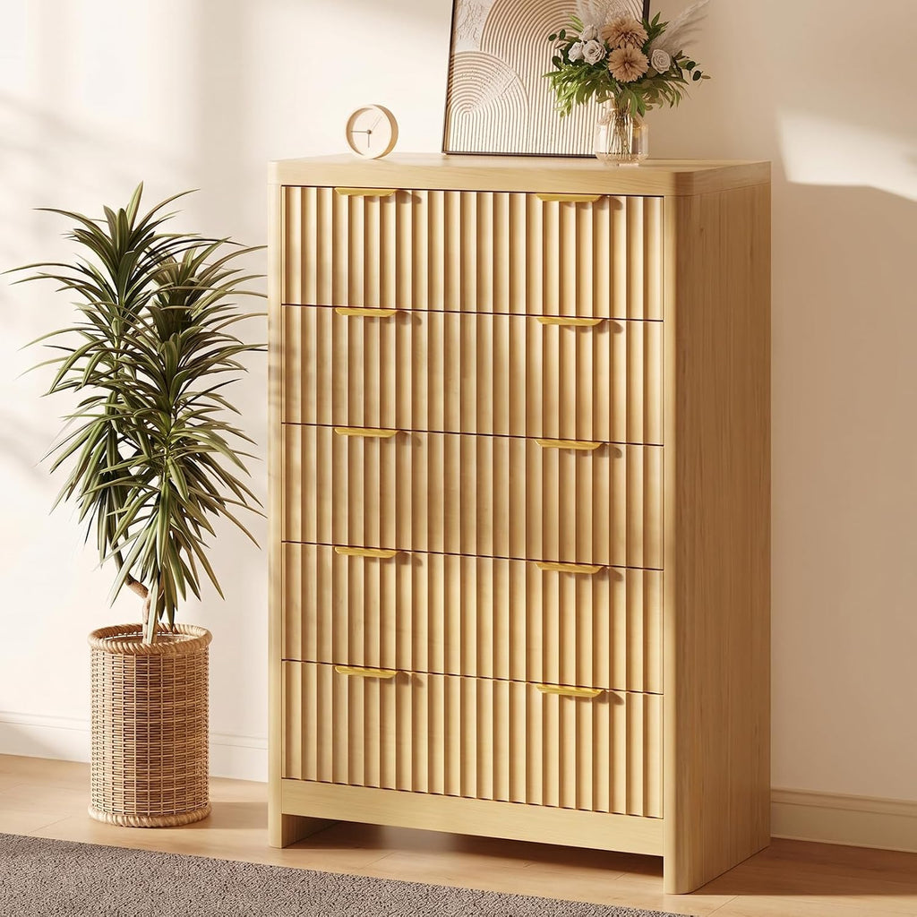 Fluted 47" Tall Dresser with 5 Drawers, Modern Chest of Drawers with Metal Handle & Deep Storage, Wood Closet Clothes