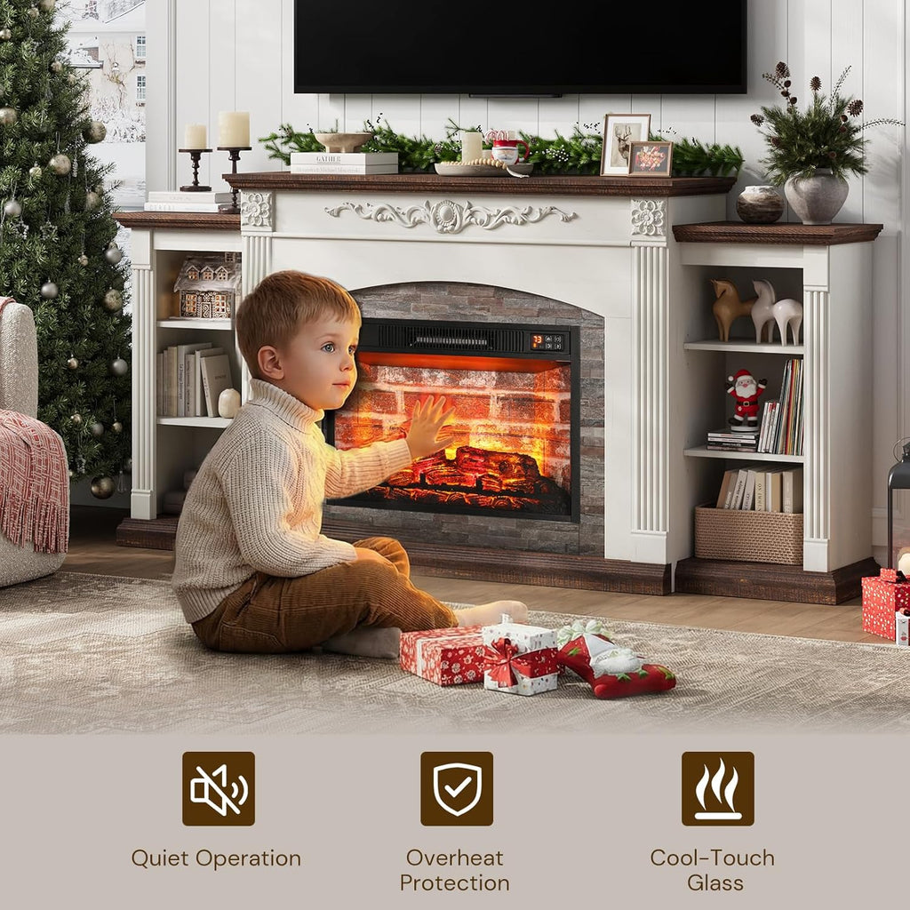72" Electric Fireplace with Mantel, Fireplace TV Stand for TVs Up to 80", Modern Entertainment Center with Realistic