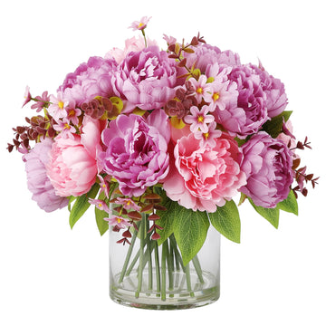 Rose Red & Purple Mixed Peonies Bouquet, Silk Faux Peony with Glass Bottle and Faux Water Decor Wedding Bouquets
