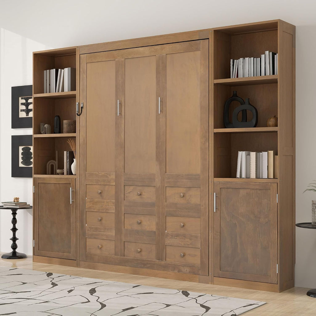 Queen Murphy Bed with Storage, Solid Wood Hidden Wall Bed Frame with Cabinets, Farmhouse Murphy Bed Fame, Can Be