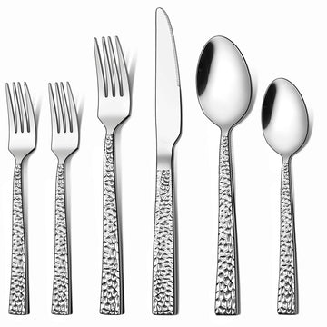 24-Piece Hammered Silverware Set with Extra Salad Forks, Stainless Steel Square Flatware Cutlery Set for 4, Fancy