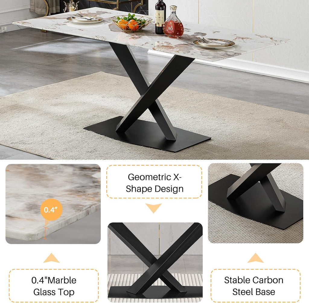 Modern Marble Dining Table, 70" White Kitchen Dining Room Table for 4 6 8 with 0.4" Thick Faux Marble Tabletop and Black Carbon Steel Pedestal,Luxurious Rectangle Large Dinner Table for Dining Room