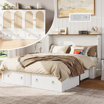 Queen Murphy Bed with Charging Station - Rattan Queen Bed Frame with Storage Drawers, Wood Cabinet Beds for Guest