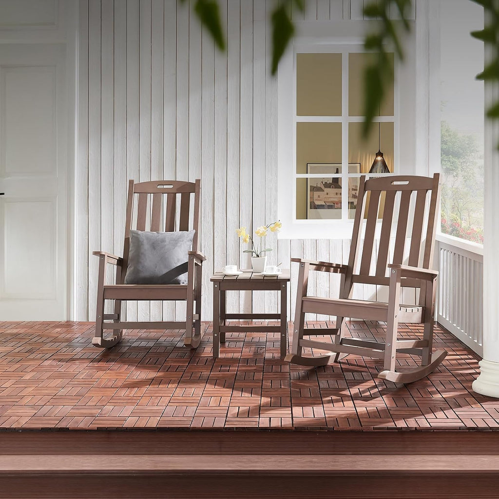 Outdoor Rocking Chairs Set of 2, Oversized Porch Rocker (Brown) | Weather Resistant Rocking Chairs with High Back