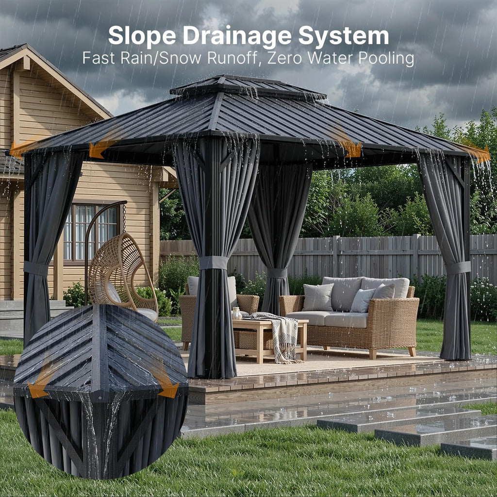 10'x12' Hardtop Gazebo, Aluminum Frame Metal Canopy with Double Roof