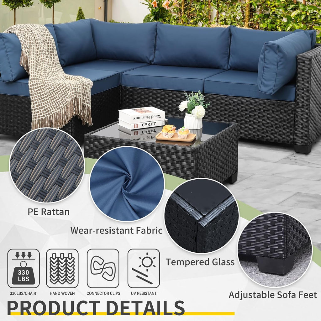 Outdoor 5 Piece Patio Furniture Set, Black Rattan Conversation Couch Resin Wicker Sectional Sofa Outside Chair with