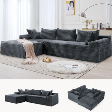 110" L-Shaped Modular Sectional Sofa with Chaise, Boneless Comfy Corduroy Fluffy Couch with Deep Seat and Side Pockets