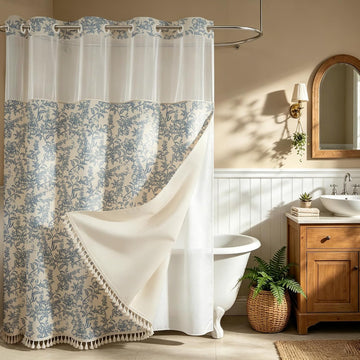 Vintage Blue Floral No Hook Shower Curtain Set with Snap-in Liner 72"x75" | Farmhouse Fabric 2 in 1 Shower Curtain
