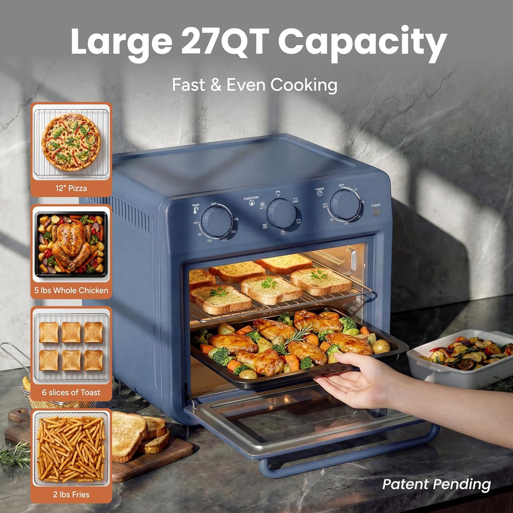 6-in-1 Air Fryer Toaster Oven Combo, 27QT Convection Oven Countertop, 60 Min Timer, 1800W Oven for Toast, Roast, Bake