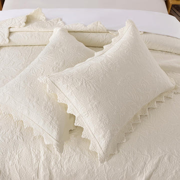 Standard Size Quilted Pillow Shams Cotton Set of 2 Cream Yellow Vintage Farmhouse Scallop Edge Decorative Pillow