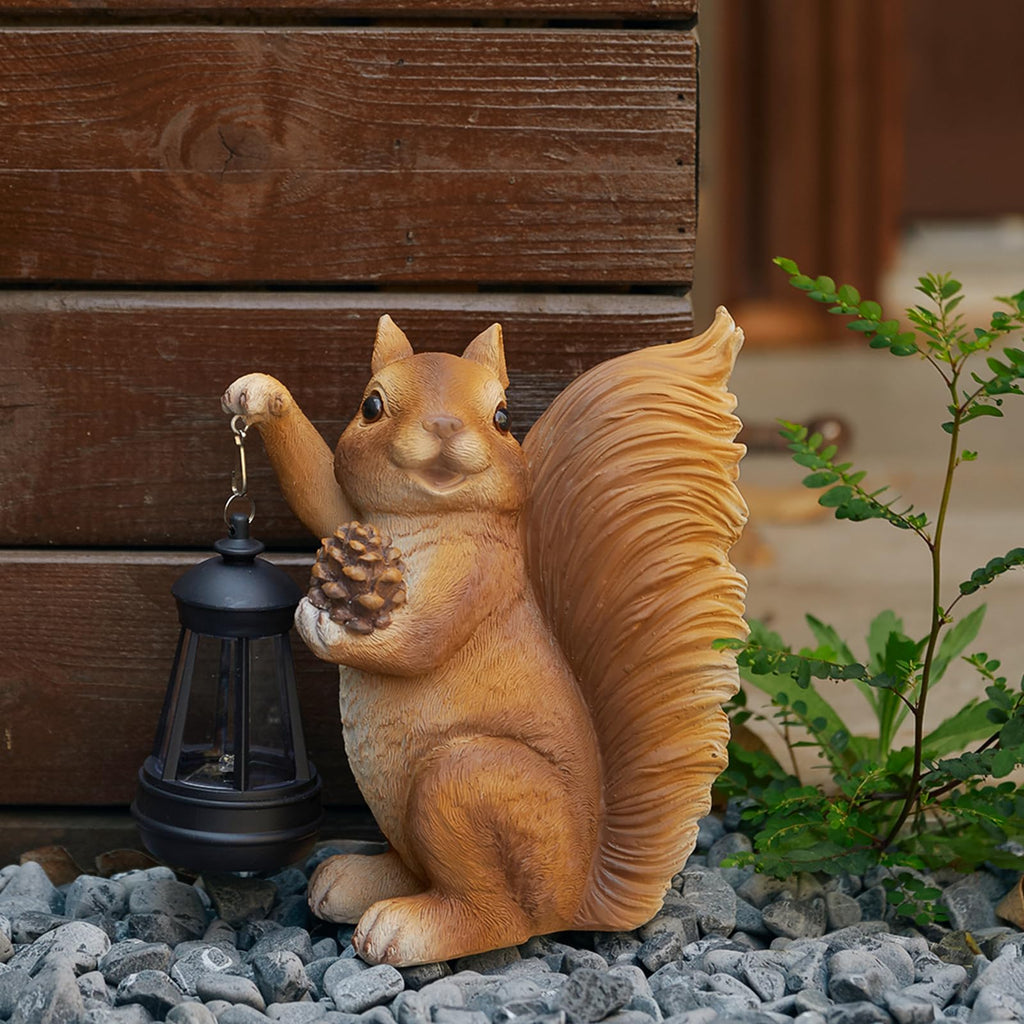 Solar Squirrel Garden Statue Outdoor Decor, Brown, Resin