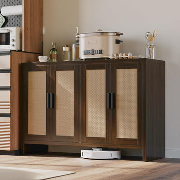 Rattan Buffet Cabinet with Storage, Sideboard Cabinet with Doors and Adjustable Shelves