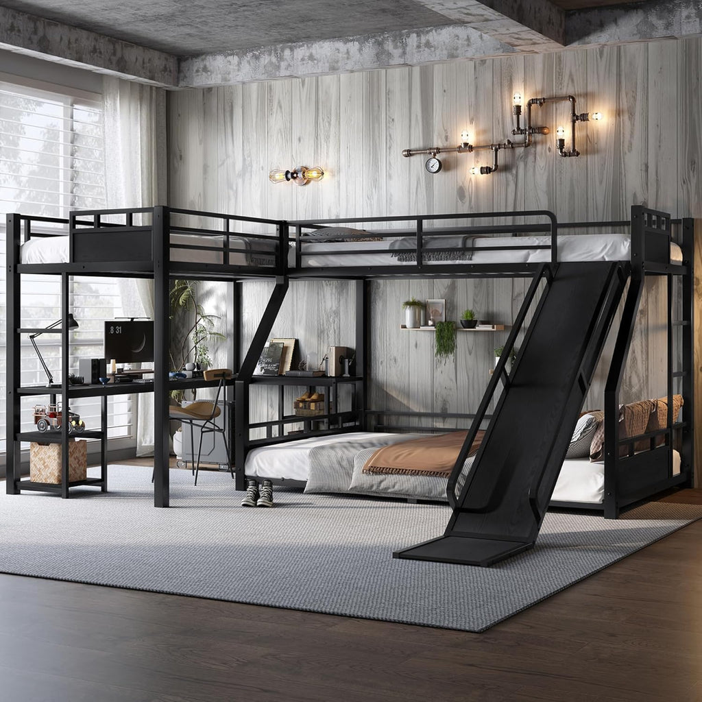Twin XL Over Queen L Shaped Bunk Bed with Twin Loft Bed, Heavy Duty Metal Triple Bunk Bed with Slide