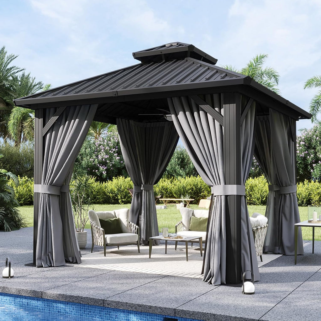 10’x12’ Hardtop Gazebo, Permanent Metal Pavilion with Galvanized Steel Double Roof