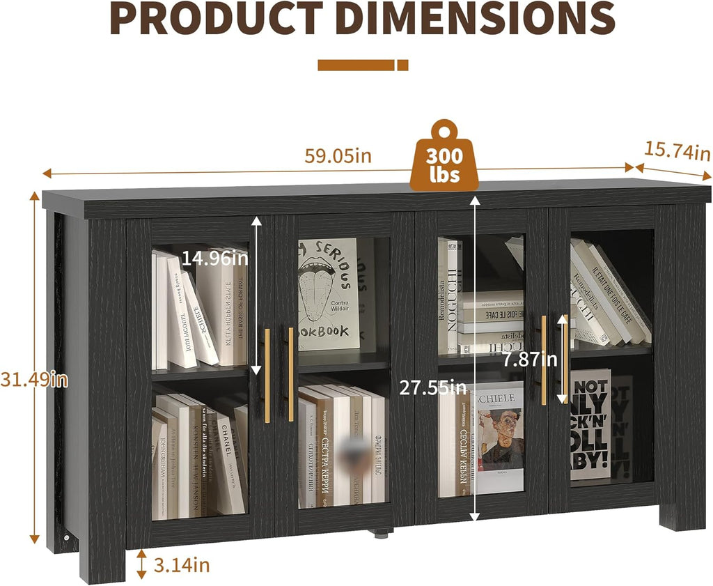 Buffet Cabinet with Storage, 59" Sideboard Credenza with Tempered Glass Doors, Wood Buffet Table for Living Room