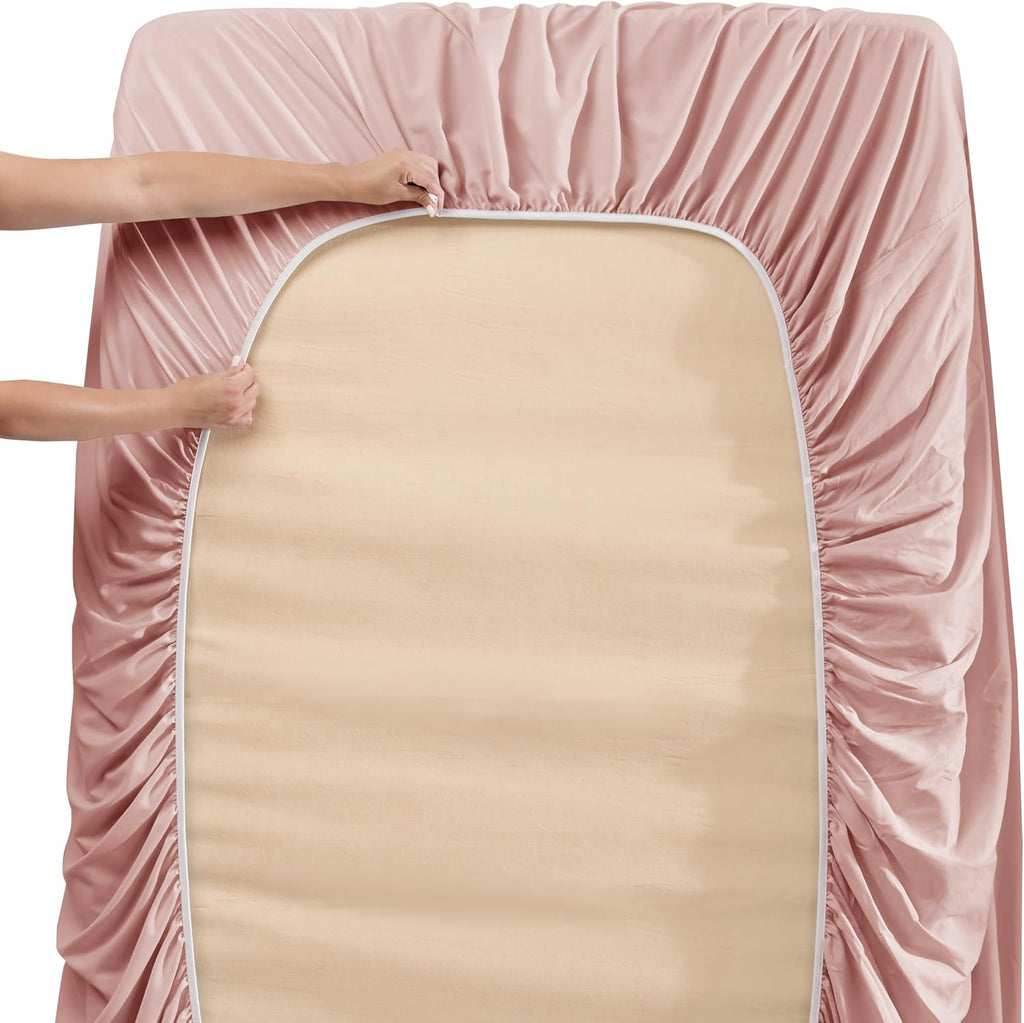 Extra Deep Pocket Sheet Sets, Luxury Soft 6 Piece Bed Sheet Set Fits Mattress 18-24 Inches - Queen, Peach Beige
