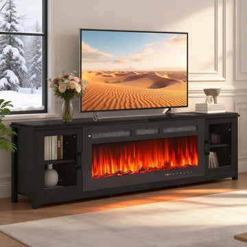 80 Inch Fireplace TV Stand with 50 Inch Electric Fireplace, Modern Entertainment Center with Adjustable Shelves and Glass Door for TVs up to 90 Inches, Black