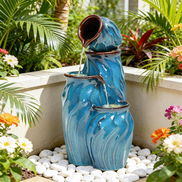 29" Outdoor Water Fountain, Ceramic Outdoor Fountain, Stacked 4-Tier Pots Waterfalls Decor, Creating Relaxing Serene