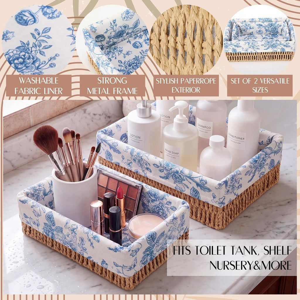 Blue Floral Toilet Paper Storage Basket Set of 2 Chinoiserie Floral Decorative Wicker Bathroom Organizer for Toilet