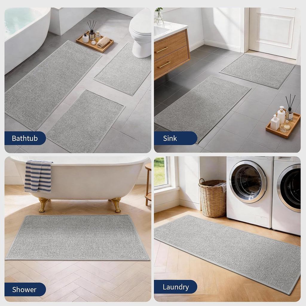 Gray Bathroom Rugs Sets 2 Piece, Quick Dry Thin Bath Mat, Non Slip Absorbent Machine Washable, Bath Runner Rug for