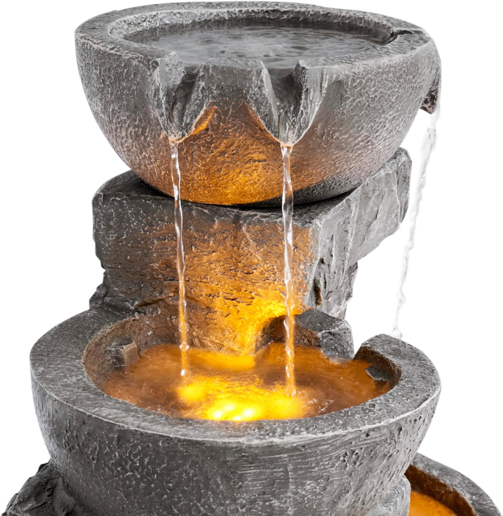 33" Outdoor Water Fountain with LED Lights, 3-Tier Cascading Bowls, Weather-Resistant Resin Garden Water Feature