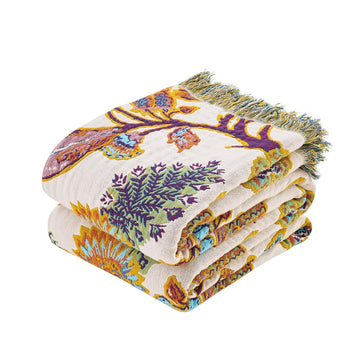 Boho Throw Blanket for Bed, 100% Cotton Soft Rustic Quilt Fall Blanket, 50"x60" Floral Printed Farmhouse Decor Bed