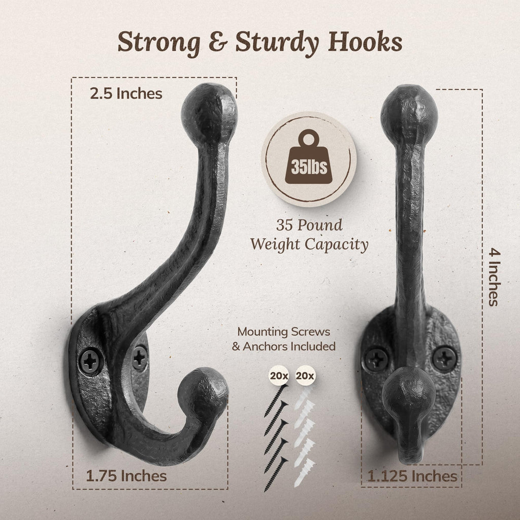 Rustic Cast Iron Coat Hooks (10 Pack) Wall Mounted Farmhouse Decorative Wall Hooks, Vintage Hooks for Hanging Coats