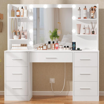 Large Vanity Desk with LED Lighted Mirror & Power Outlet,Makeup Vanity Table with 7 Drawers,4 Shelves and 5