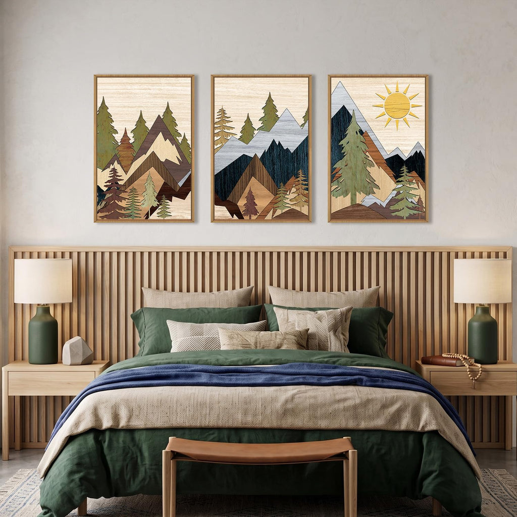 Ausri Boho Mountain Pine Tree Framed Canvas Wall Art Set -16"x24"x3