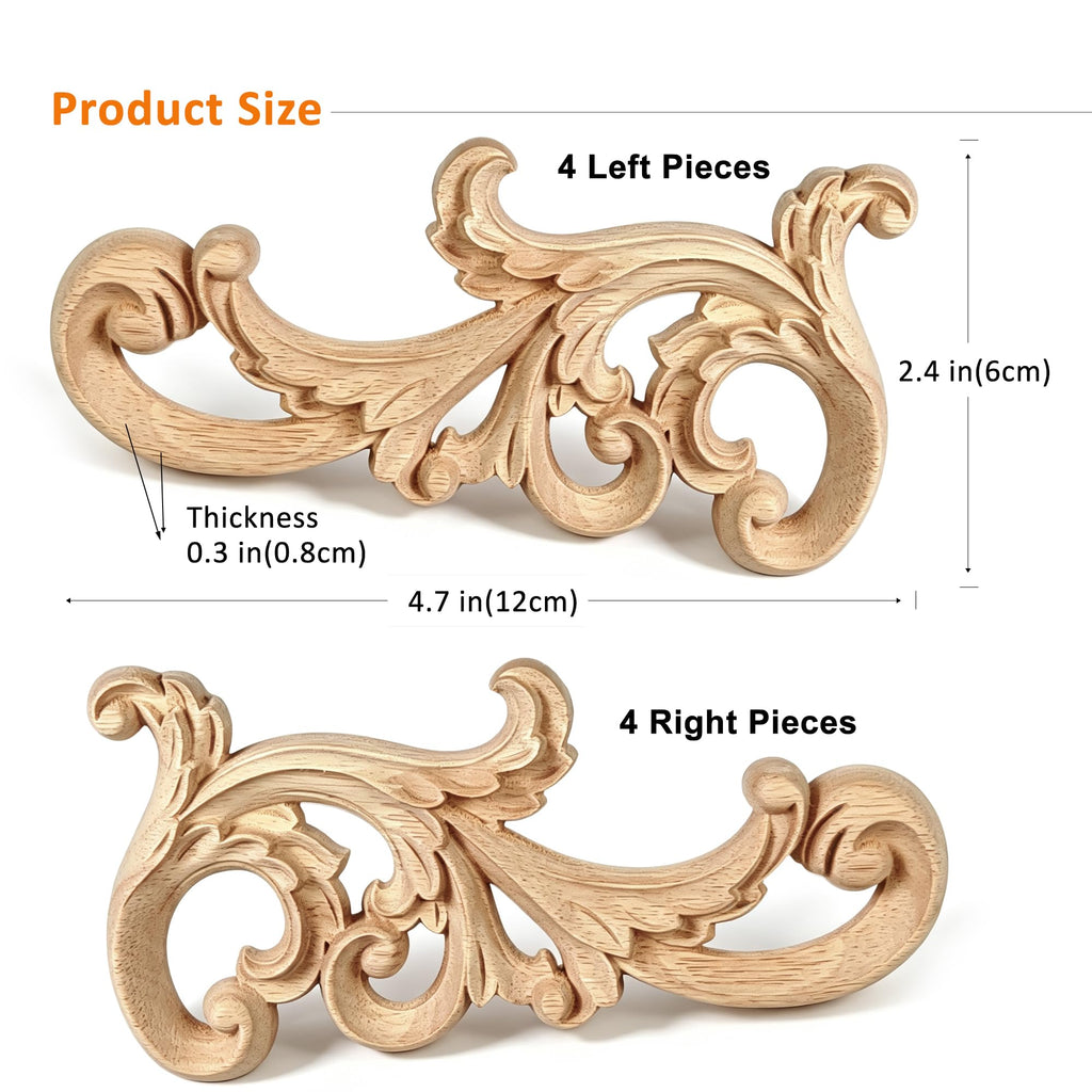 Premium Unpainted Solid Wood Appliques, Decorative Mirrored Scroll Wood Onlays for Furniture Renovation, Cabinet