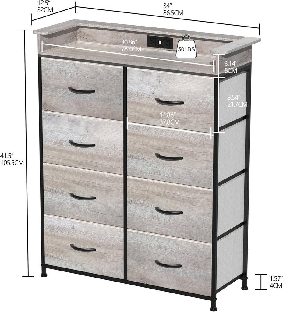 Dresser with Charing Station Grey Dresser with LED Lights Tall Dressers with 8 Drawers Storage Tower for Closet